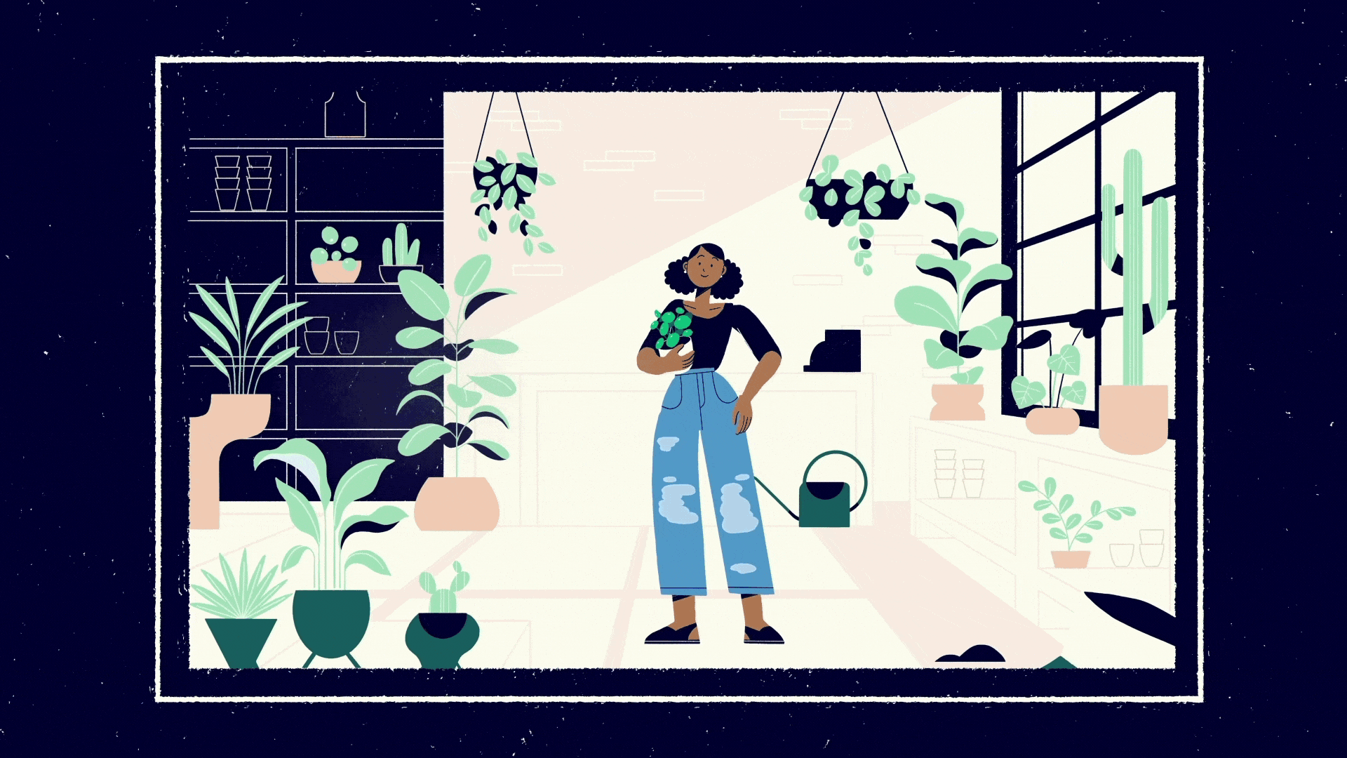 Illustration of a woman watering plants inside a bright, modern house filled with various potted plants and hanging planters. The house has large windows and several shelves with more plants and decorative items.