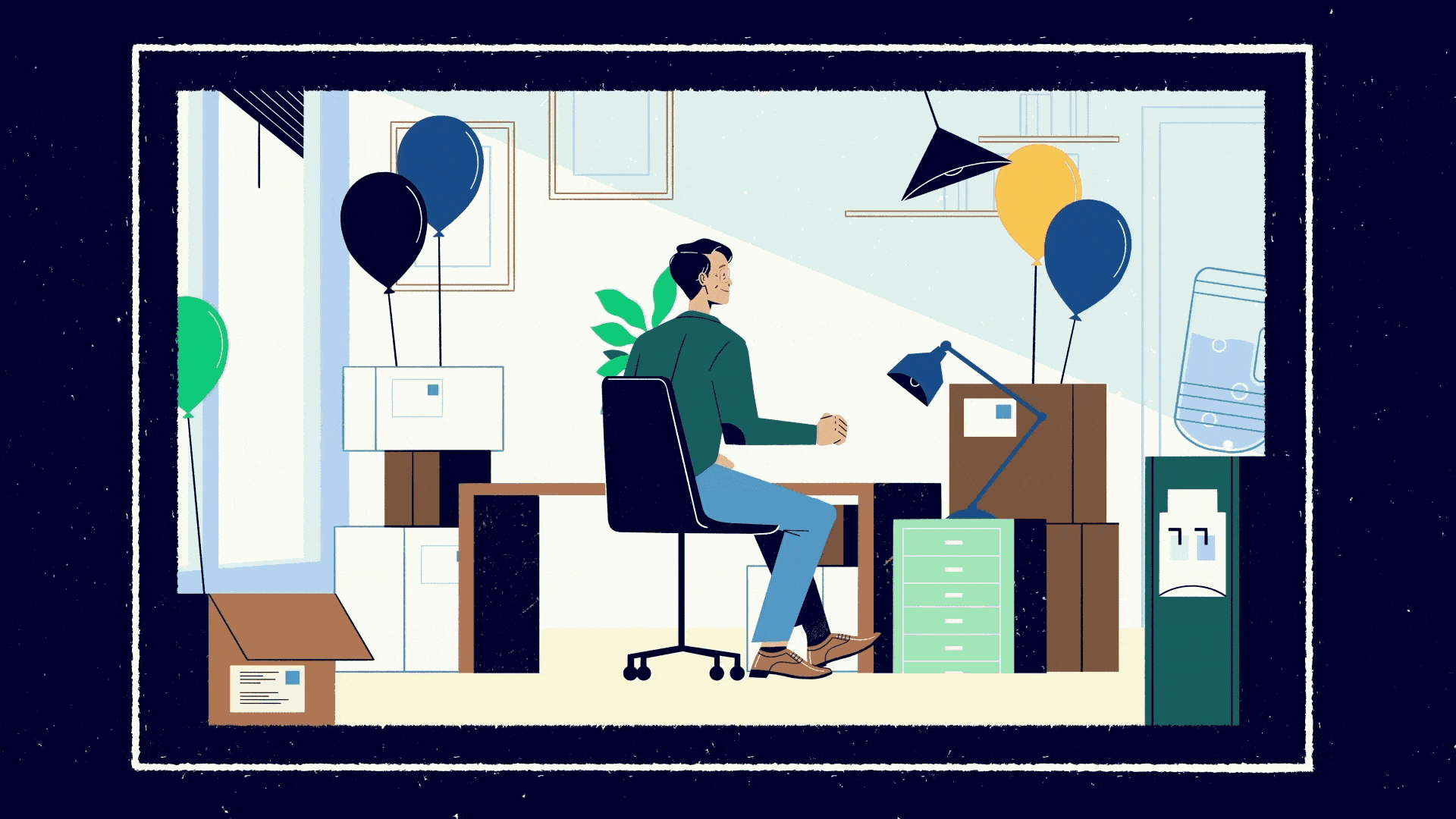 Digital illustration of a man sitting at a desk in a home office, with balloons and various furniture around, inside a computer screen frame.