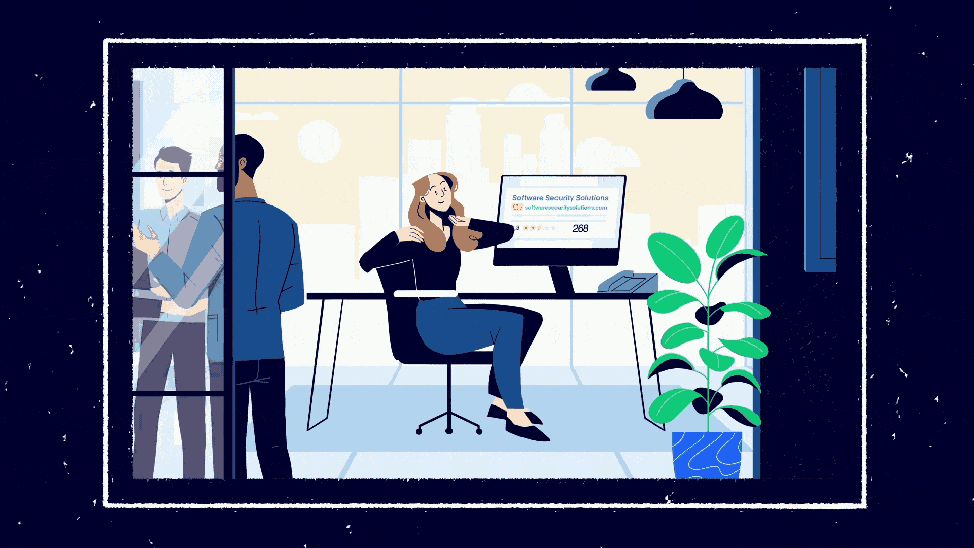 Illustration of a woman sitting at a desk in an office, monitoring a screen displaying 'Software Security Solutions' and a website URL, with two men standing outside in discussion.