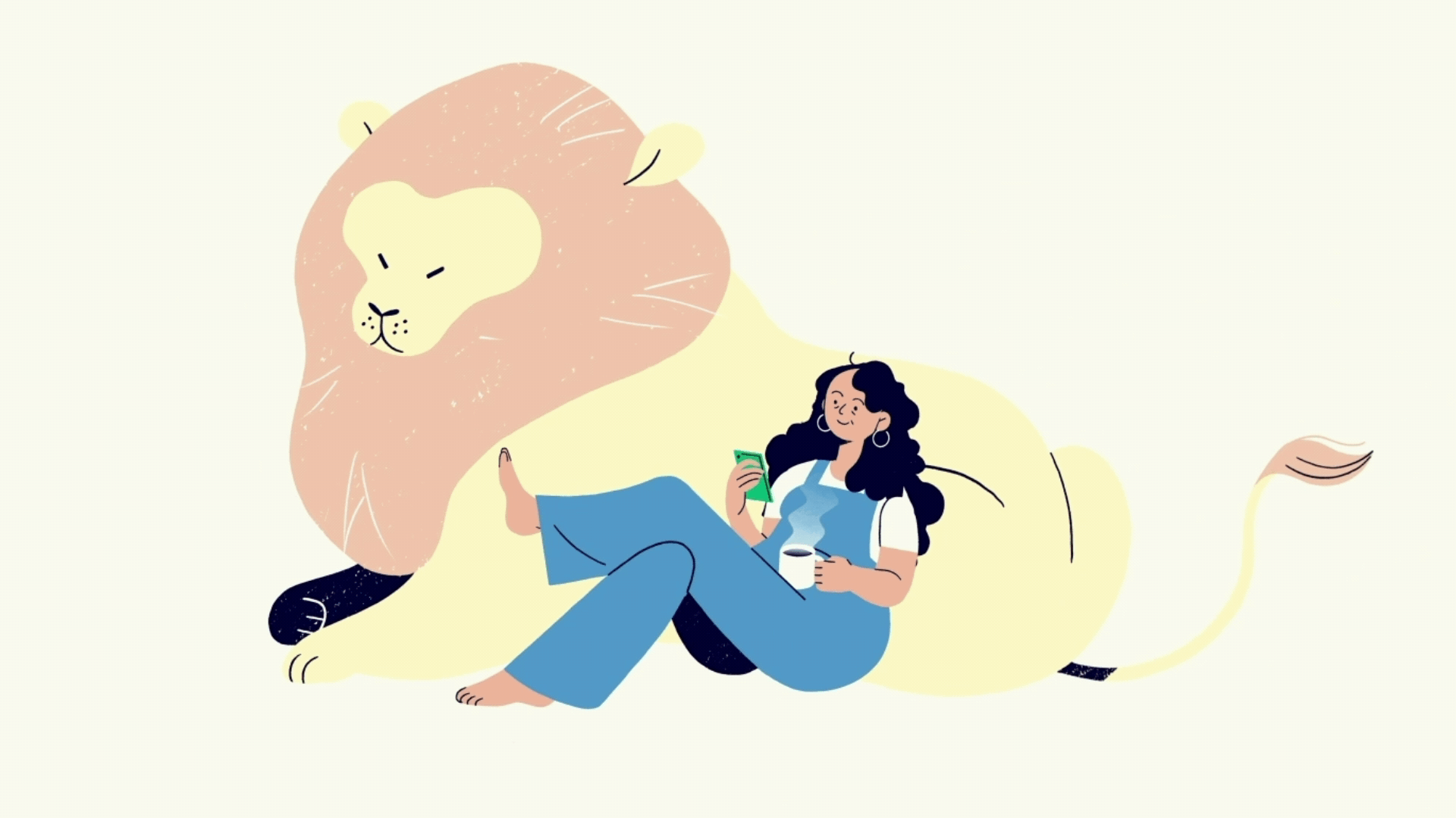 An illustration of a woman relaxing on a large lion with a pink mane, holding a phone and a cup of coffee.