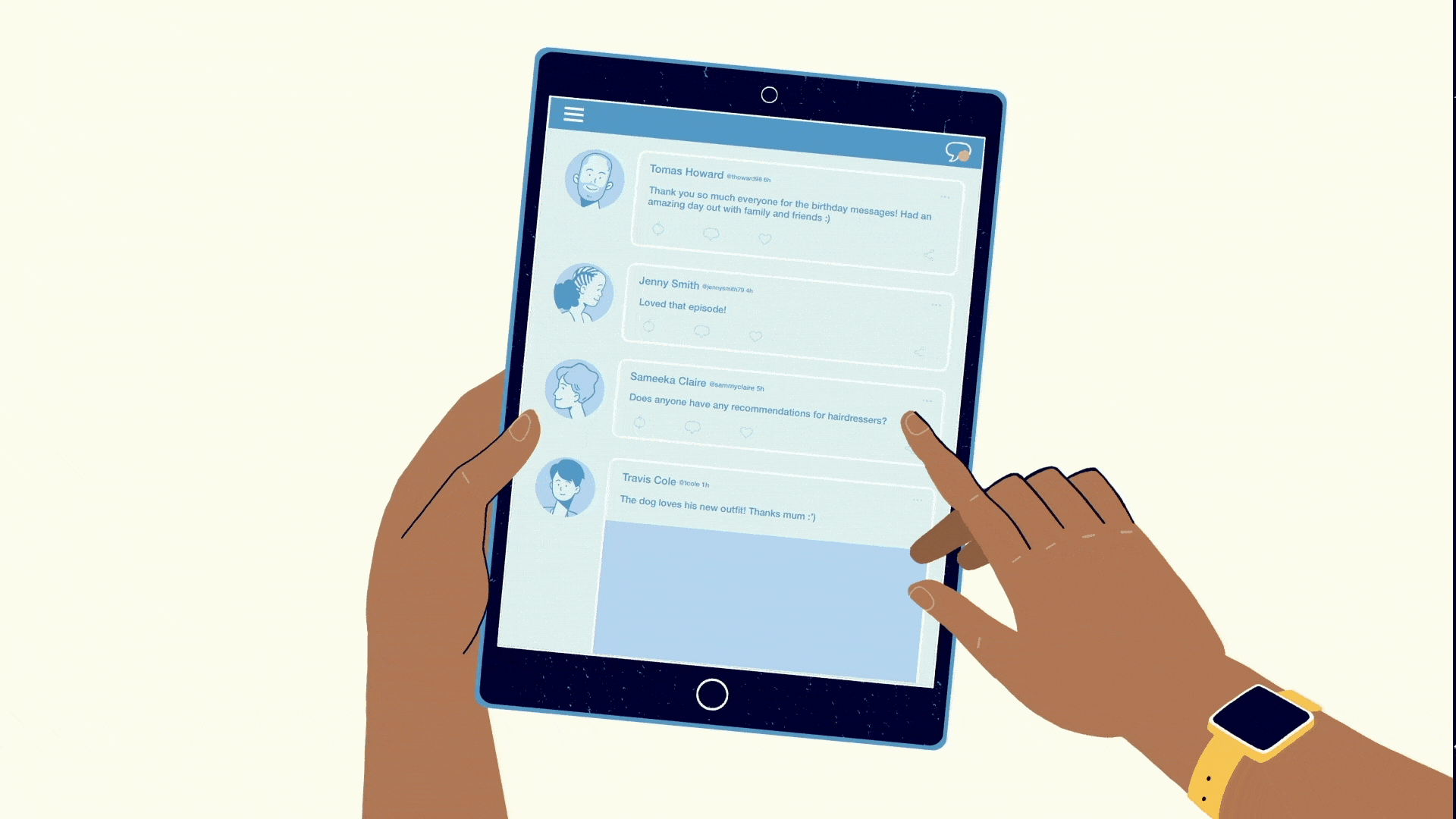 Illustration of a person using a smartphone, viewing a social media or messaging app with chat messages from various users, with icons of profile pictures, speech bubbles, and reactions.