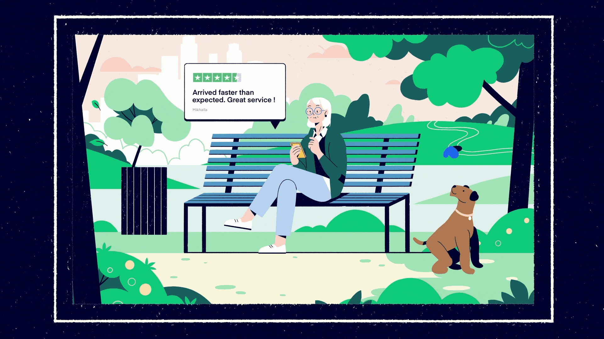 Digital illustration of an elderly woman sitting on a park bench, looking at her phone with a smile. A dog is sitting nearby. The background features trees, bushes, a winding path, and a city skyline. A speech bubble indicates she received a 4-star r