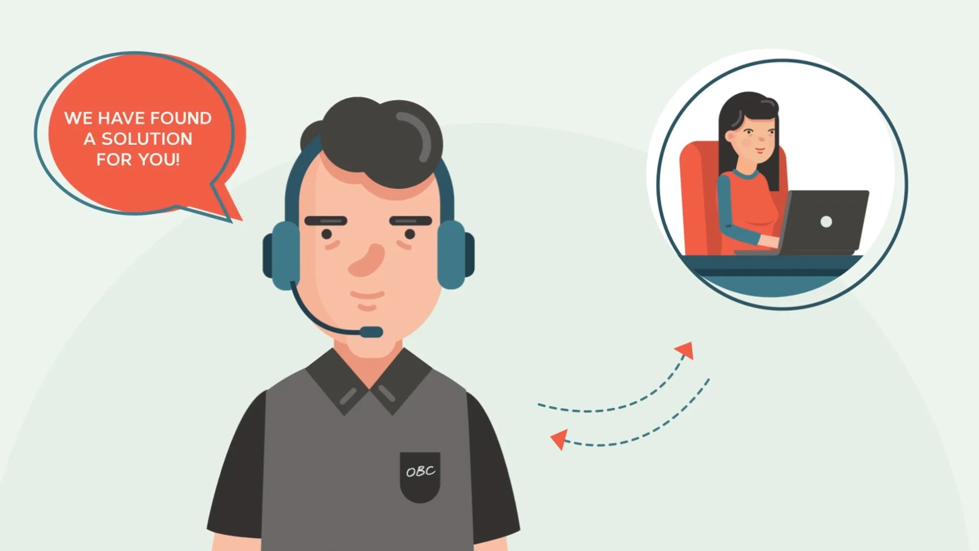 Illustration of a person in customer support wearing a headset, with a speech bubble saying "We have found a solution for you!" and a woman on a laptop screen in a circular frame.
