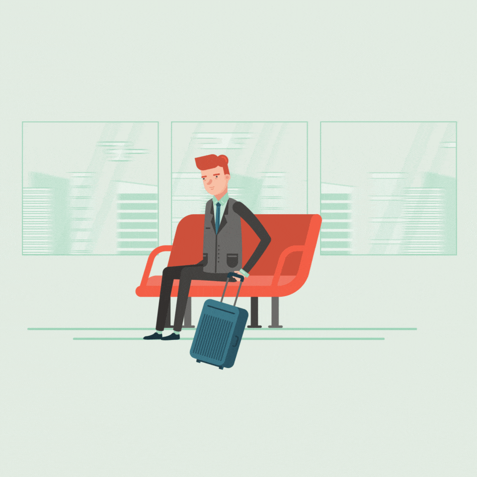 An animated man in a suit with a rolling suitcase sitting on a bench at an airport.