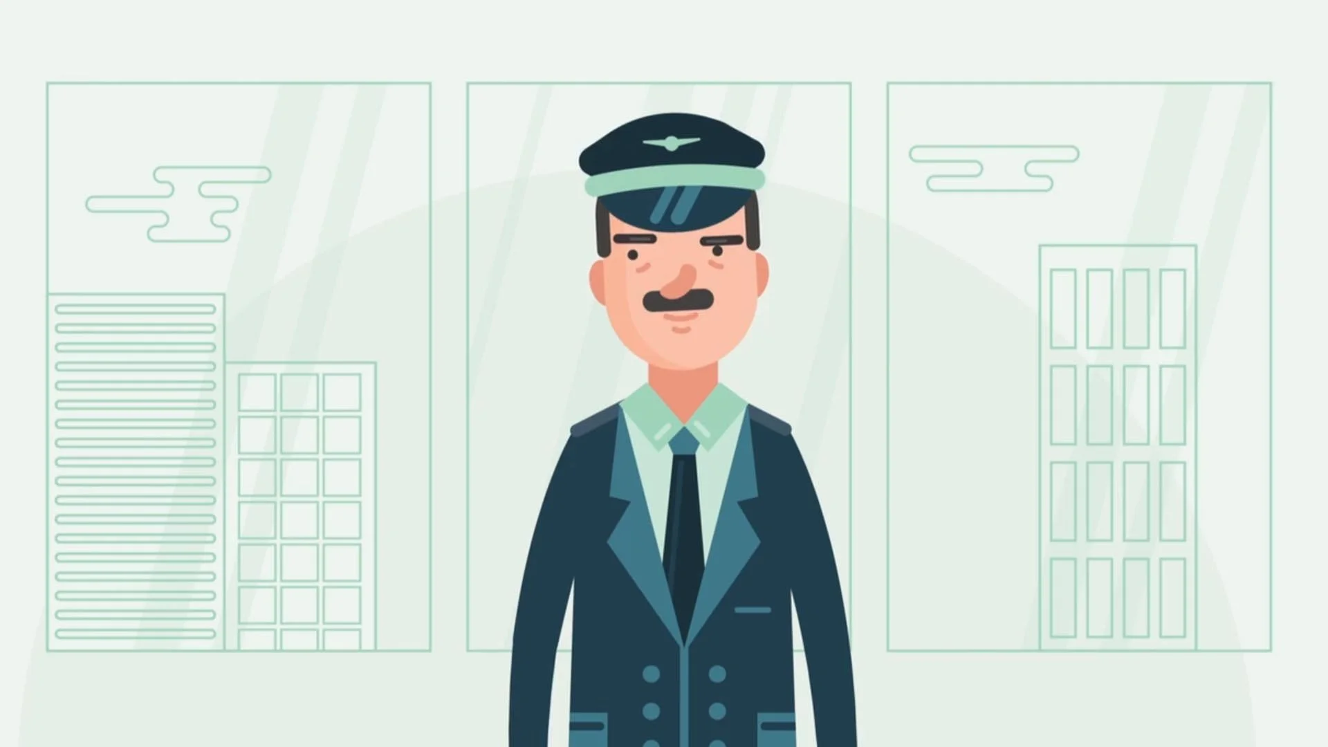 Illustration of a man dressed as an airline pilot standing in front of a cityscape with tall buildings.