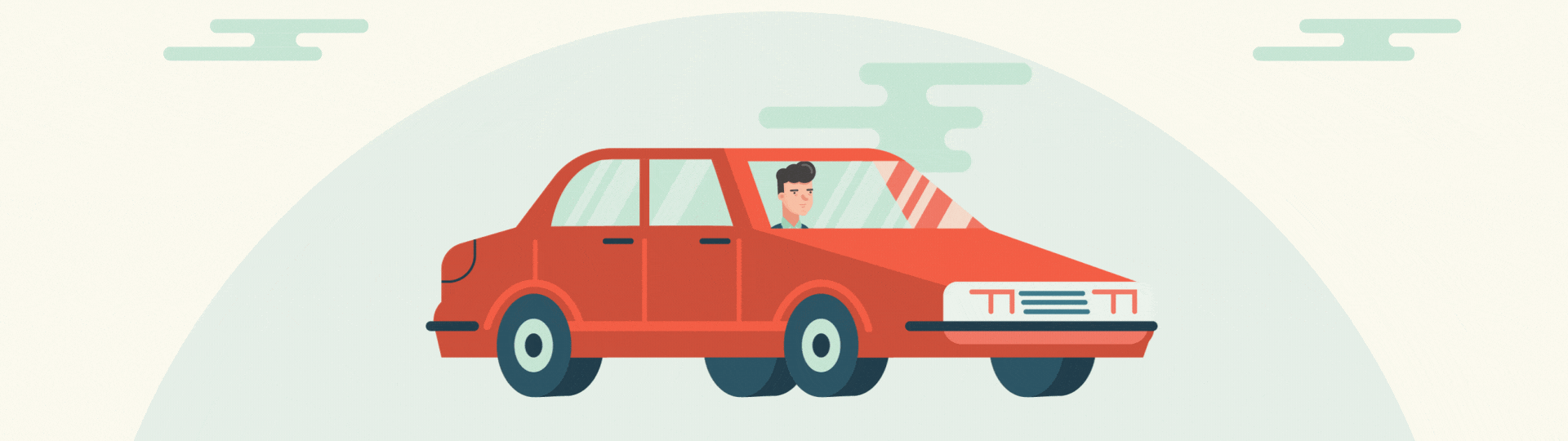 An animated illustration of a man sitting in a red car driving on the road with clouds in the sky.