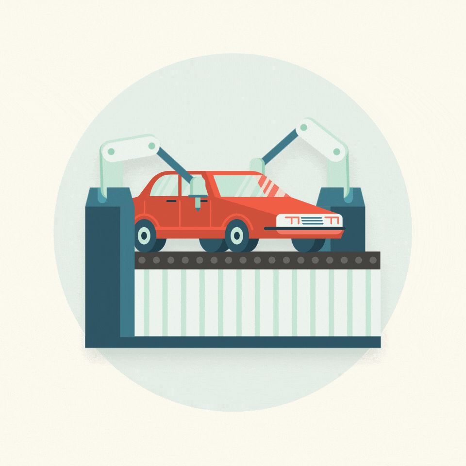 Illustration of a red car on a conveyor belt in an automated factory with robotic arms above it.