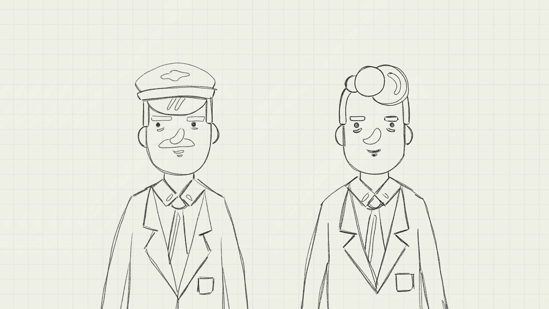 Line drawing of two men wearing suits and ties, standing side by side. The man on the left has a mustache, wears a cap, and looks serious. The man on the right has a distinctive hairstyle with a curl on top and a cheerful expression.