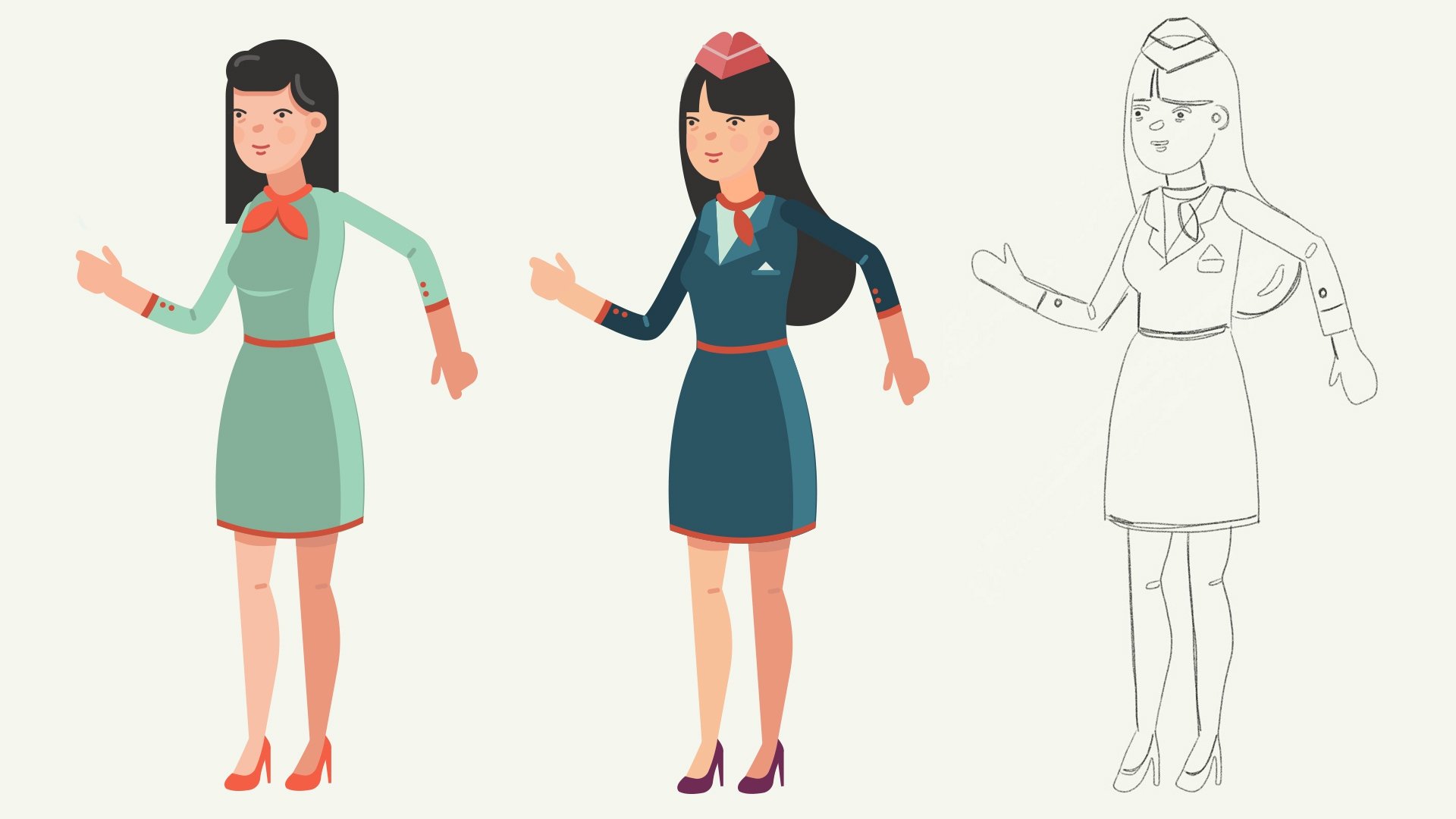 Illustration of a woman in a vintage flight attendant uniform, shown in three stages: fully colored, partially colored, and a black-and-white sketch.