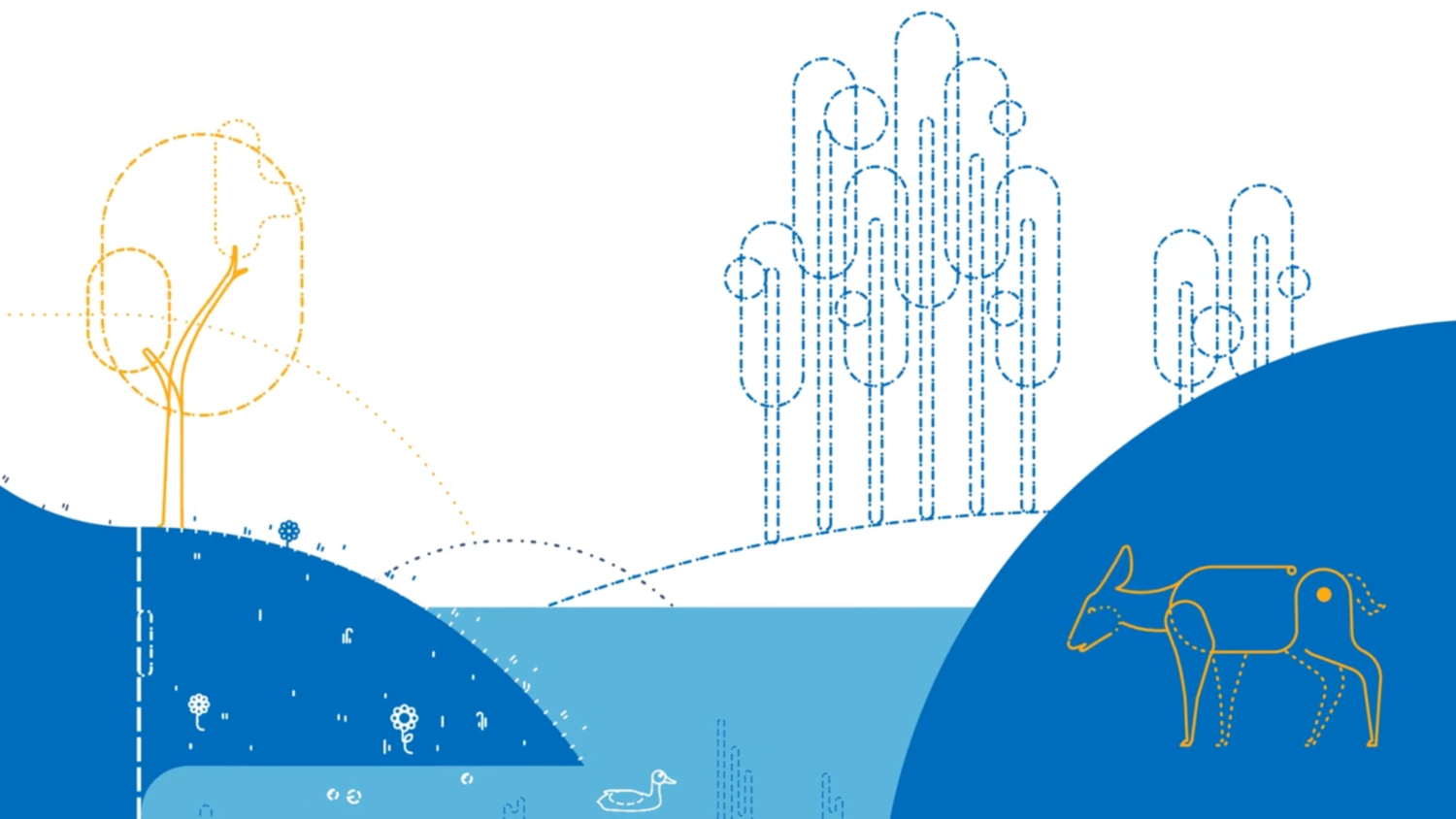 Abstract line drawing of trees, a duck, and two animals with dotted outlines and curved slopes in shades of blue and yellow.