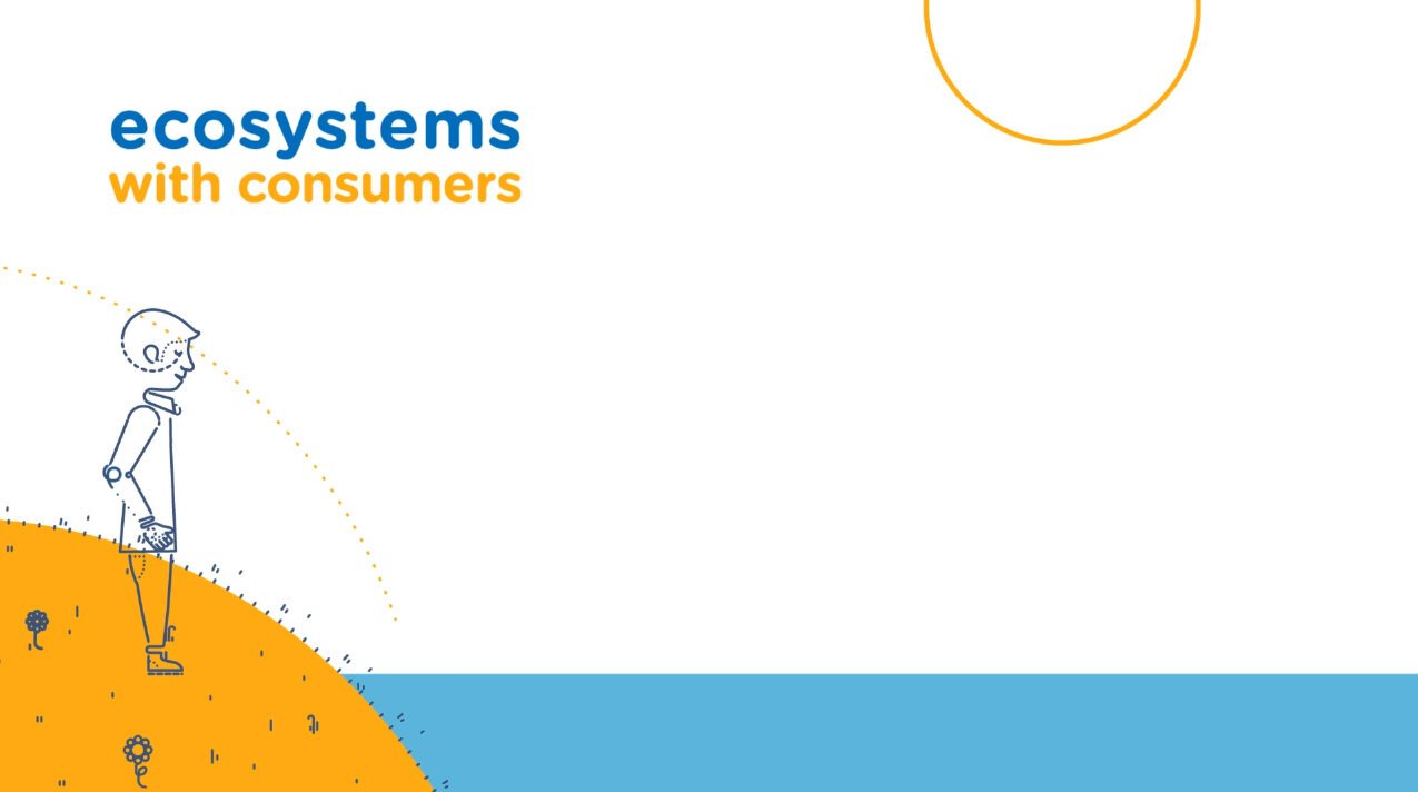 Title page with text 'ecosystems with consumers' and a simple illustration of a person standing on an orange hill, looking at the blue ocean, with small plants around the hill.