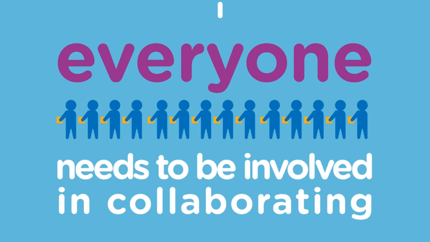 Graphic with purple text reading 'everyone' above a row of blue figures holding hands; white text below states 'needs to be involved in collaborating' on a light blue background.
