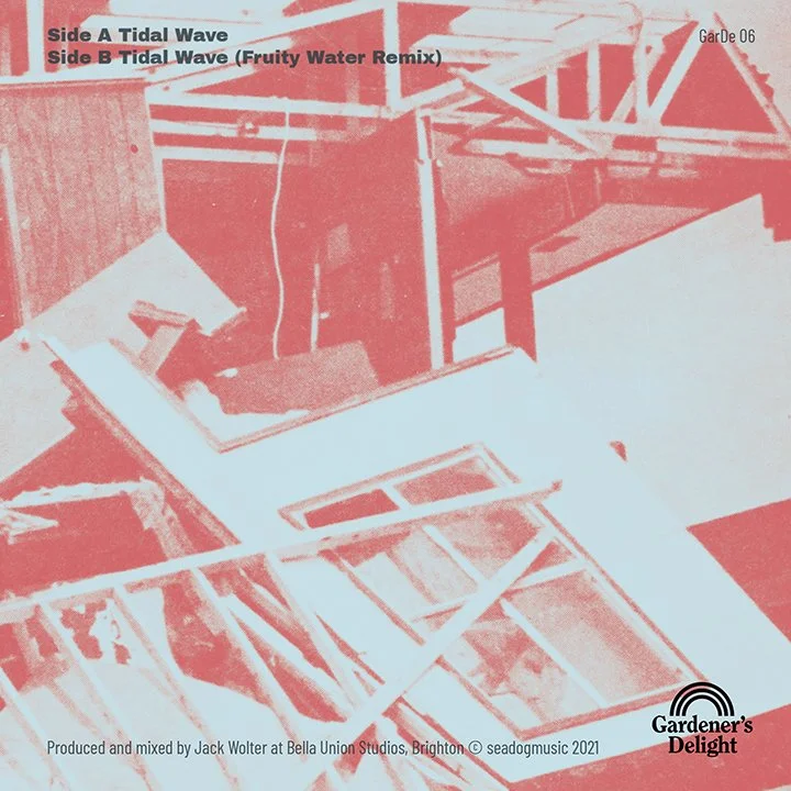 Album cover with a red and light blue color palette, featuring a geometric abstract design with structural framework. Contains track titles: 'Side A Tidal Wave' and 'Side B Tidal Wave (Fruity Water Remix)'. Includes production credits to Jack Wolter 