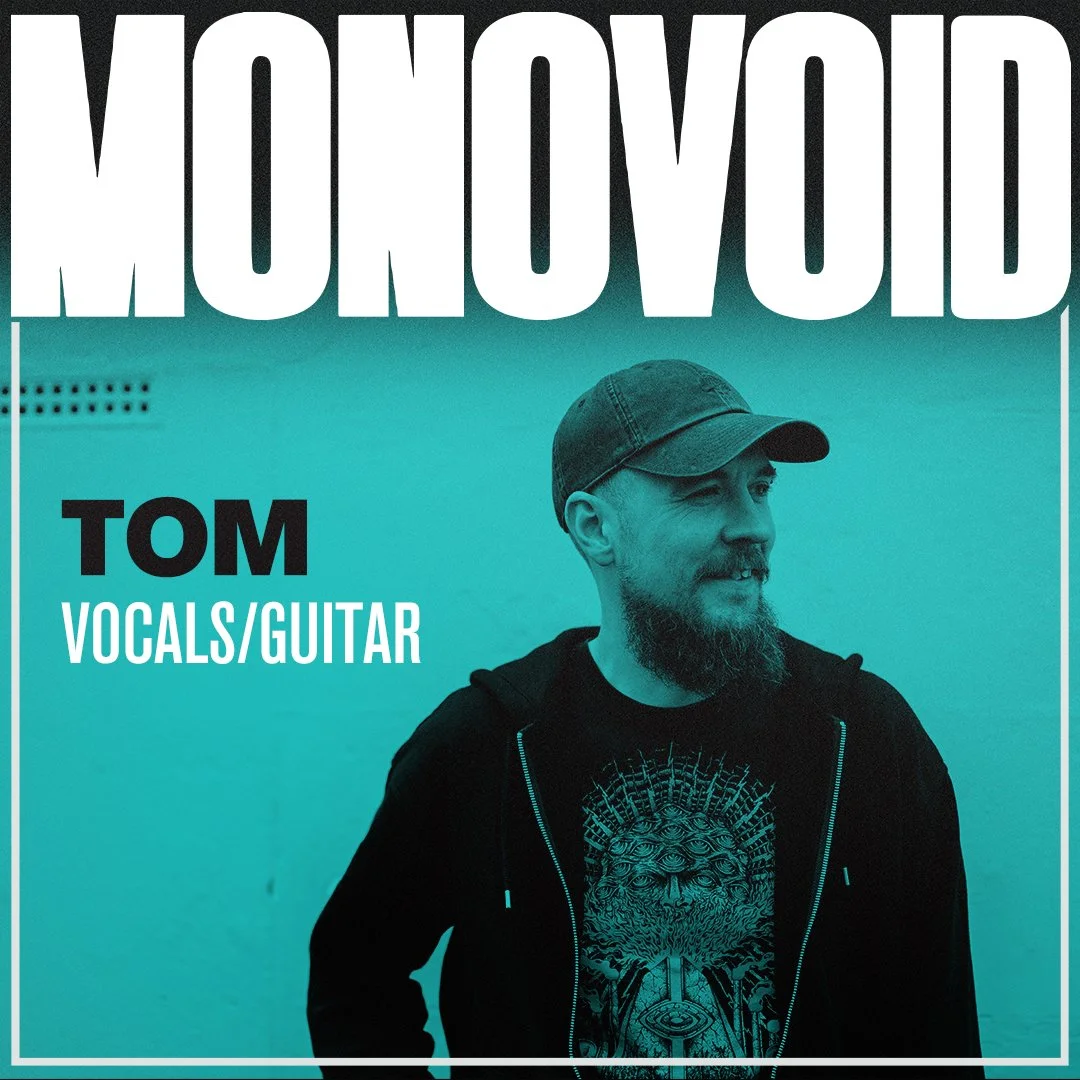 Album cover featuring a man with a beard wearing a baseball cap and graphic T-shirt, against a teal background. The text reads 'Mongovid' at the top and 'Tom Vocals/Guitar' on the left side.