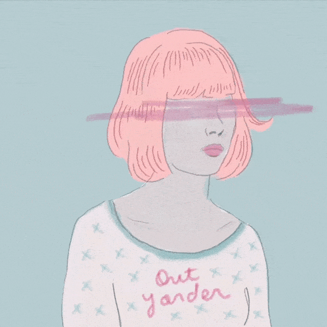 Illustration of a woman with pink hair and a sweatshirt that says "Out yander" with a pink and purple glitch effect across her face.