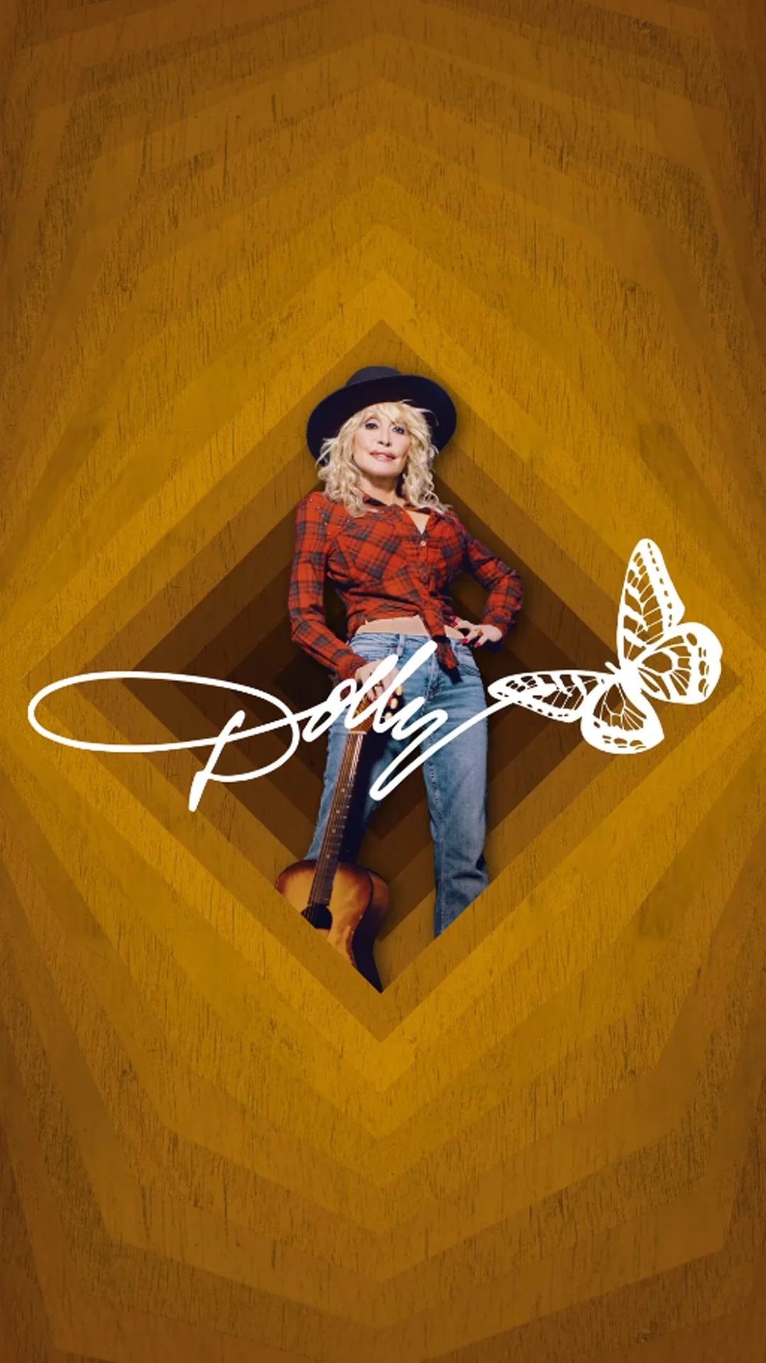 A woman with curly blonde hair wearing a black hat, red plaid shirt tied at the waist, and jeans, standing inside a geometric diamond-shaped cutout with a guitar at her feet. The background features a yellow textured pattern with a white butterfly an