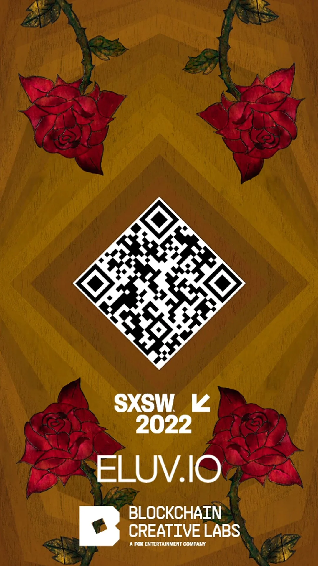Artwork featuring red roses with green leaves and stems, a QR code in the center, and text indicating SXSW 2022, ELUV.IO, and Blockchain Creative Labs.