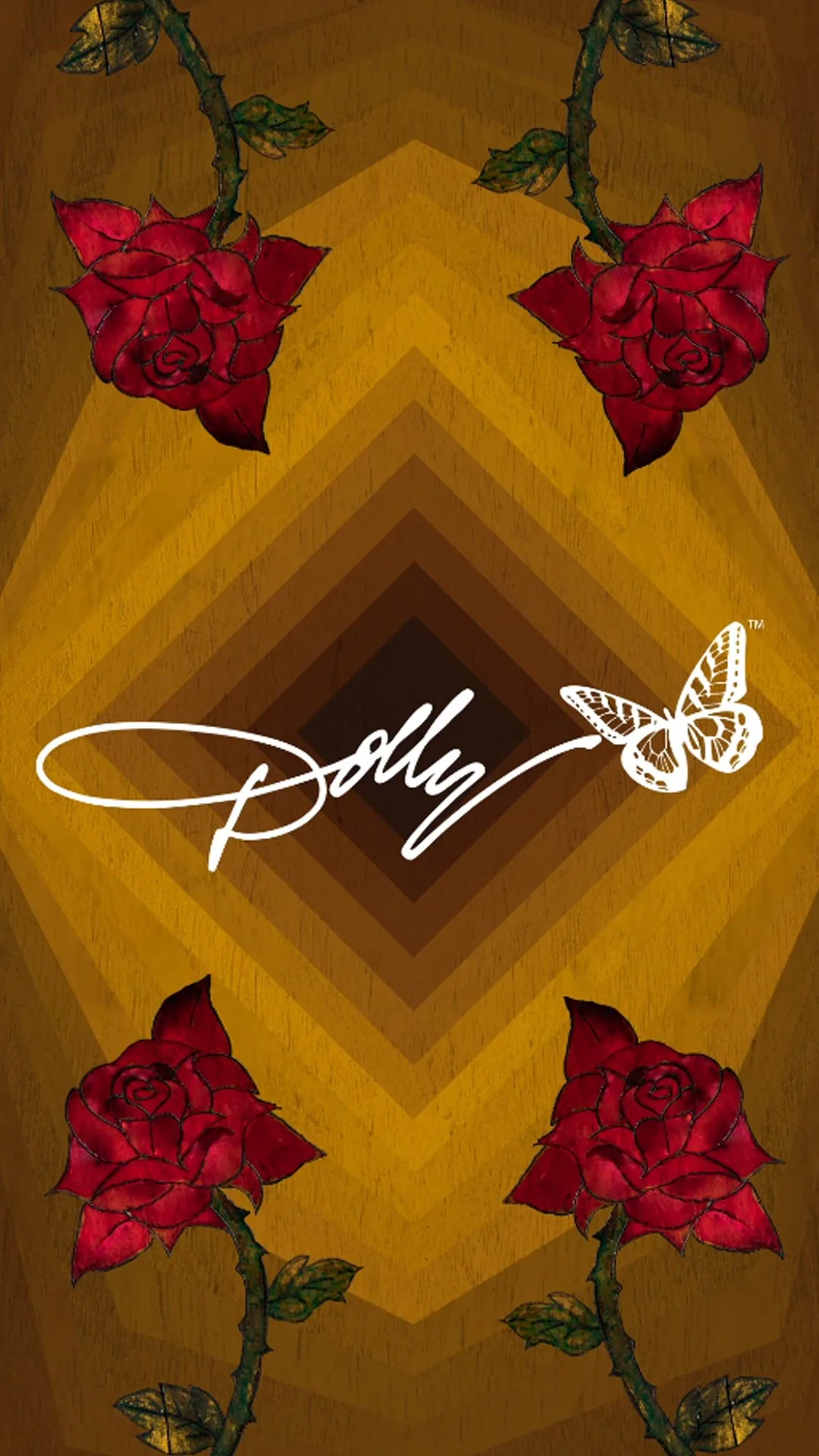 A design with red roses and green leaves on a yellow background, featuring the word 'Jolyn' in white script and a butterfly graphic.