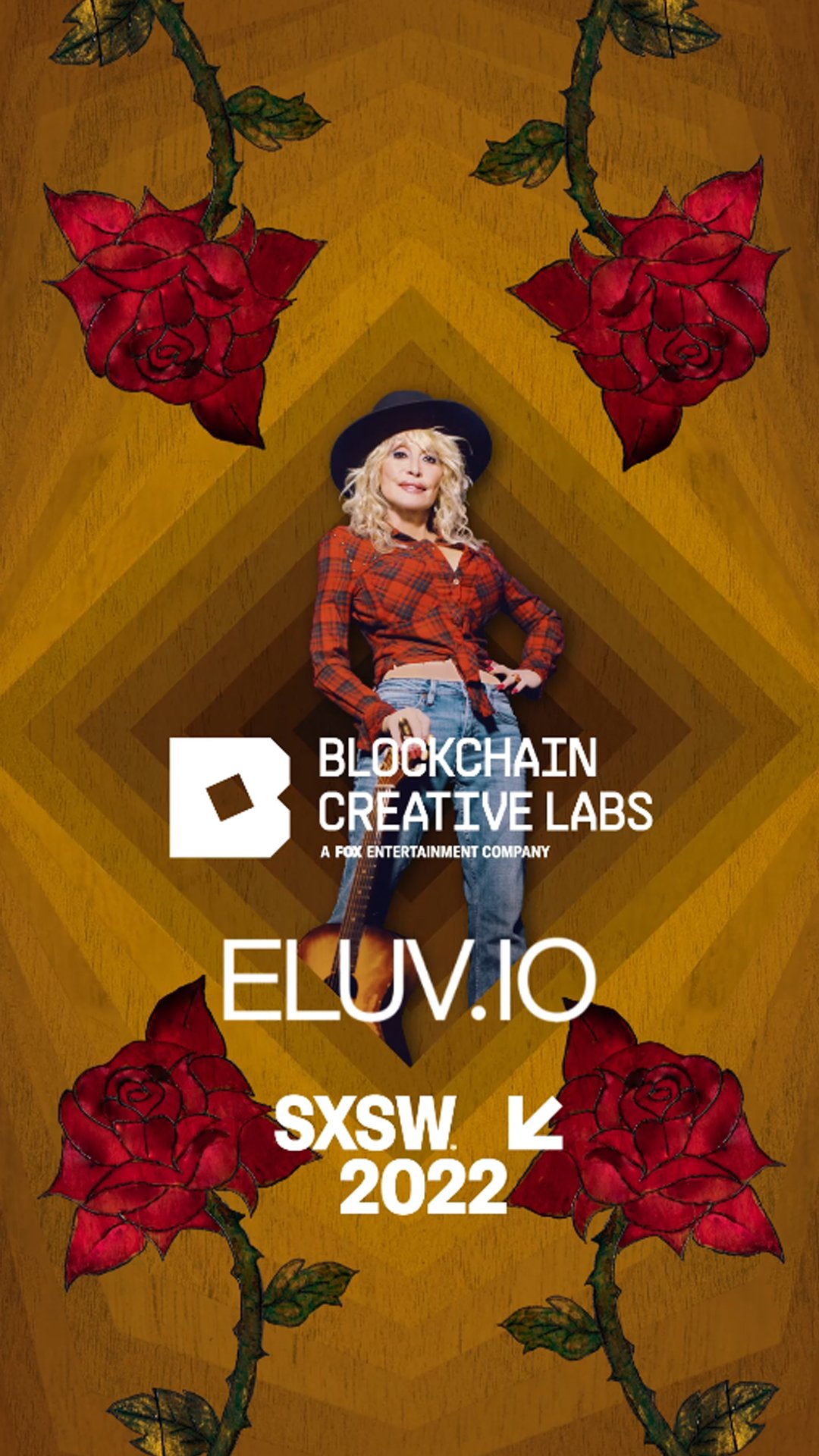 Event promotional poster featuring a woman in a red plaid shirt and jeans, wearing a black hat, standing with hands on hips against a patterned yellow background with red roses. Text includes 'Blockchain Creative Labs,' 'A Fox Entertainment Company,'