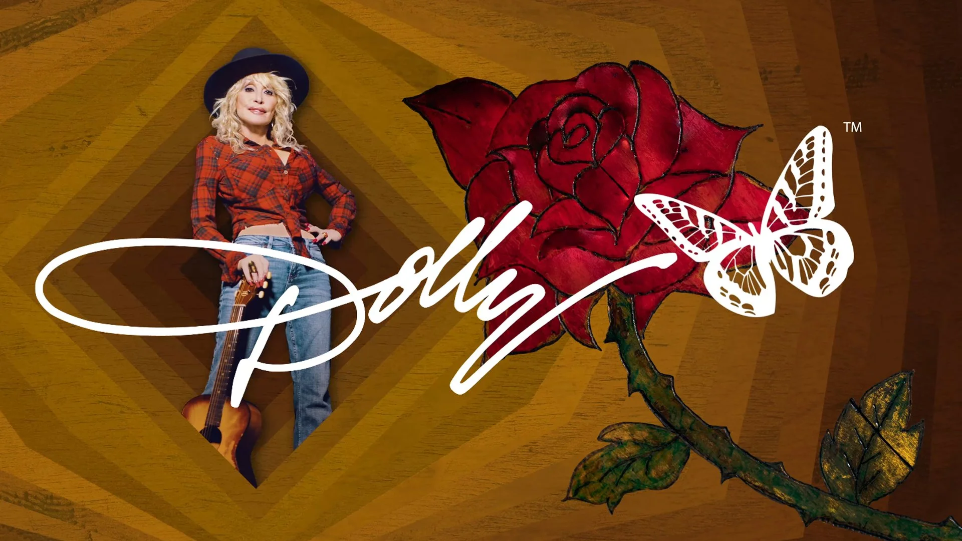 A woman with blonde curly hair wearing a black hat and red plaid shirt, holding a guitar, standing in front of a background featuring a large red rose and a white butterfly with the words "soldier" written across it.