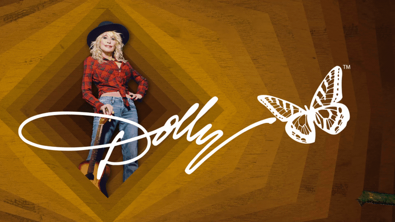 The image features Dolly Parton standing with one hand on her hip, wearing a red plaid shirt, blue jeans, a black hat, and cowboy boots. To her right, there is a butterfly graphic and her name, "Dolly," written in flowing cursive.