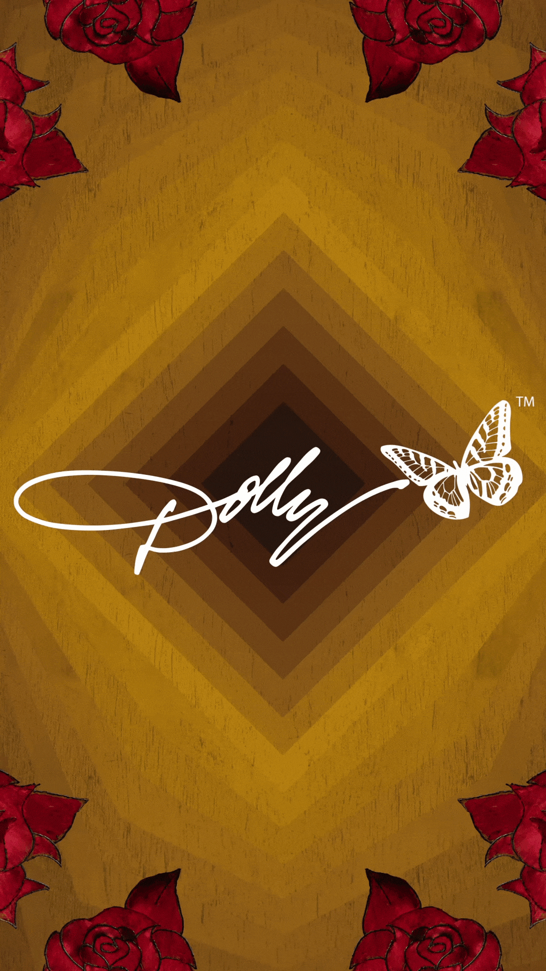 A decorative background with red roses in the corners and a central diamond-shaped pattern in shades of brown. The word "Polly" is written in white cursive font across the center, accompanied by a butterfly graphic.