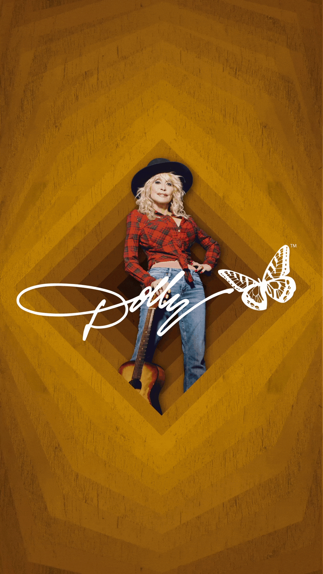 A woman in a red plaid shirt and blue jeans wearing a black hat, holding a guitar, standing against a yellow background with a diamond-shaped pattern. The name 'Jolly' and a butterfly graphic are overlaid on the image.