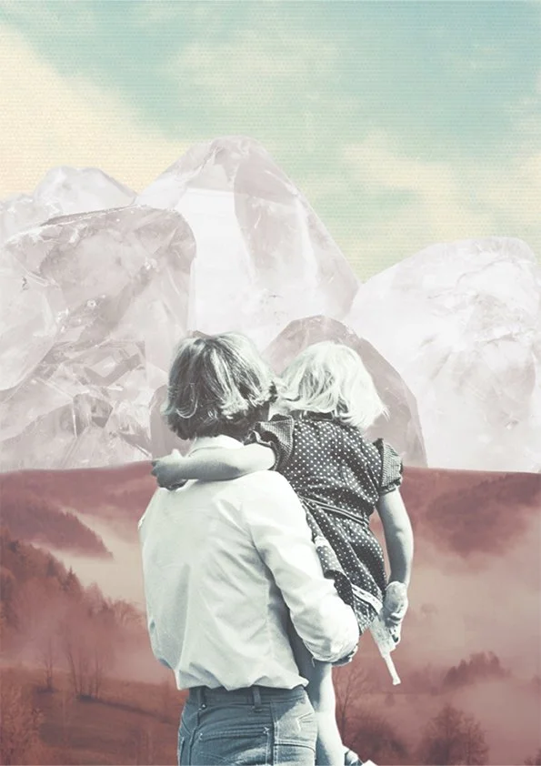 A woman holding a young girl in front of a surreal landscape with large, transparent icebergs and a cloudy sky.