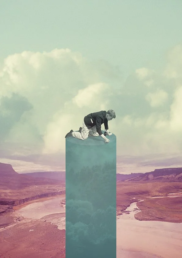 A person is crawling on top of a tall, rectangular column made of clouds, with a landscape of rivers and canyons below and a cloudy sky above.