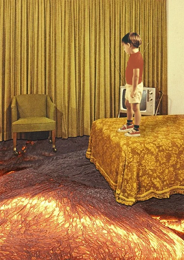 A young girl standing on a bed in a room, looking down at a fiery landscape or lava flow on the floor, with gold curtains, a green armchair, and a small vintage television in the background.