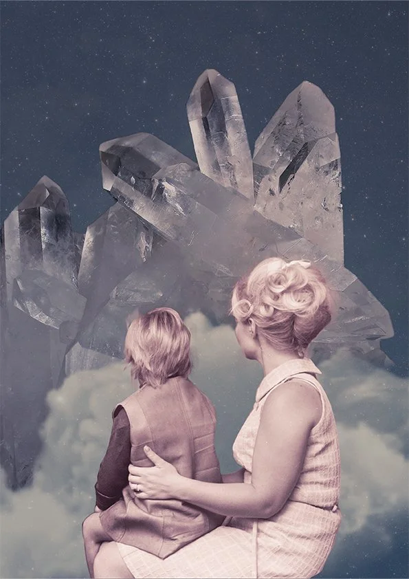 A woman with blonde curly hair holding a child with blonde hair, sitting on a cloud in front of a large cluster of floating crystals against a starry night sky.