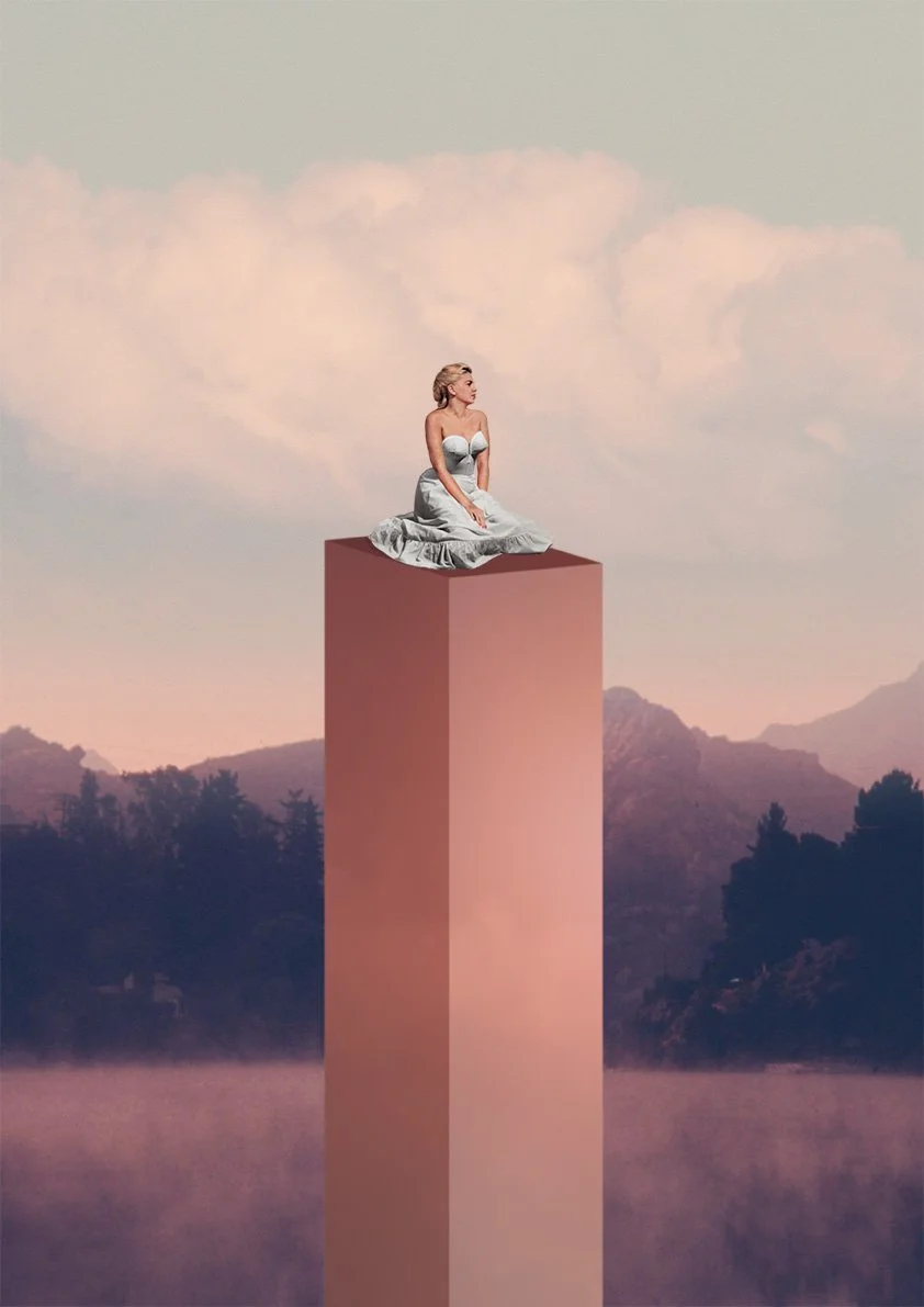 A woman in a white dress sitting on top of a tall, pink rectangular pillar, with a mountain landscape and cloudy sky in the background.