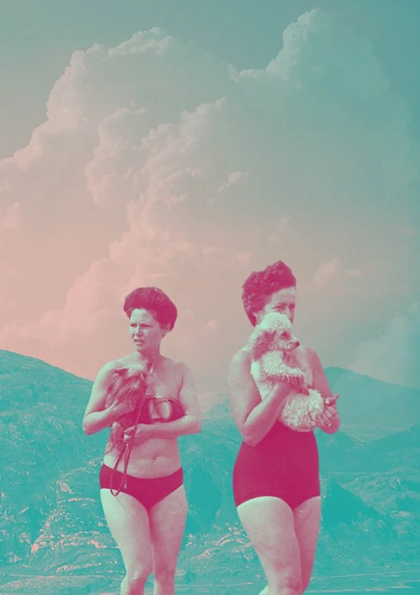 Two women, dressed in vintage swimsuits, standing outdoors with a mountainous landscape and cloudy sky in the background.