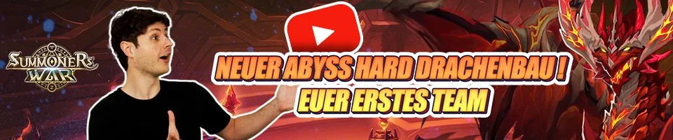 YouTuber pointing at a banner with a dragon and text in German, promoting a new Abyss hard dragon build for a game's first team.