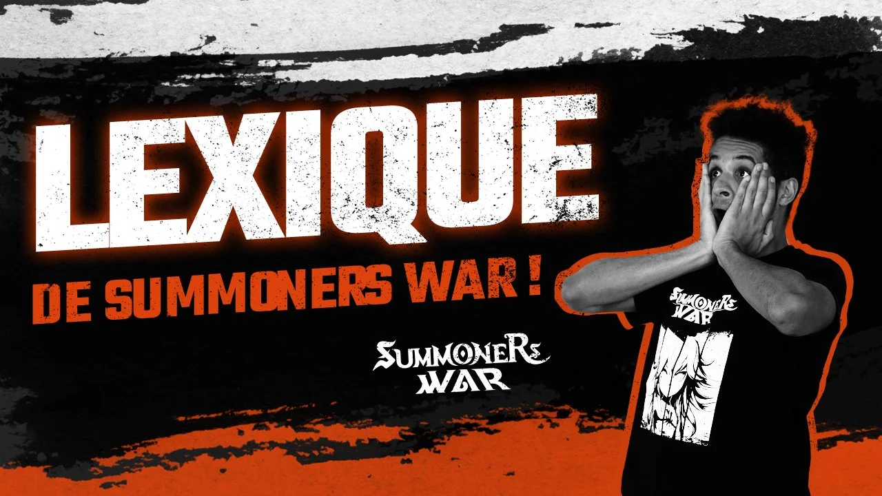 A young man with a surprised expression, hands on face, wearing a black T-shirt with a graphic design, standing in front of a black and orange background that features the words "Lexique de Summoners War".