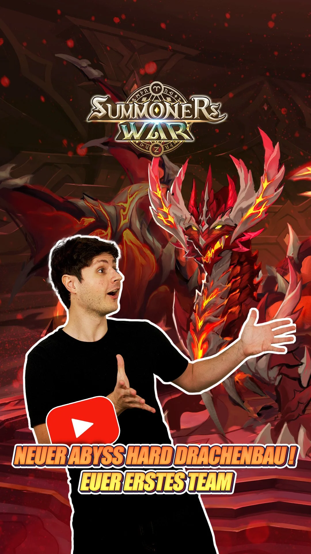 Digital illustration promoting the game Summoners War featuring a fiery dragon and a presenter gesturing with his hands, with German and English text about a new team.