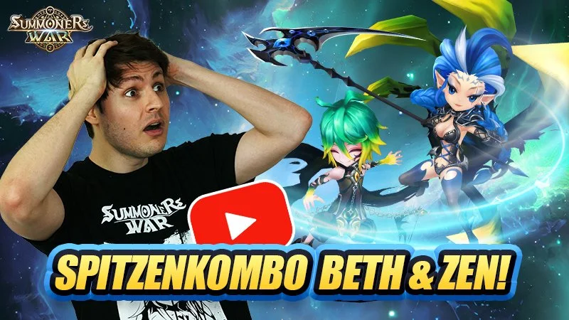 A man with surprised expression holding his head, featuring a background of fantasy characters and the text "SPITZENKOMBO BETH & ZEN!" from Summoners War, and a YouTube logo.