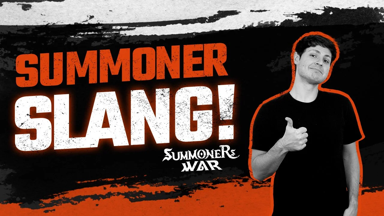 A person in black shirt giving a thumbs up, with a black and orange themed background. The text reads "Summoner Slang!" and "Summoner War."