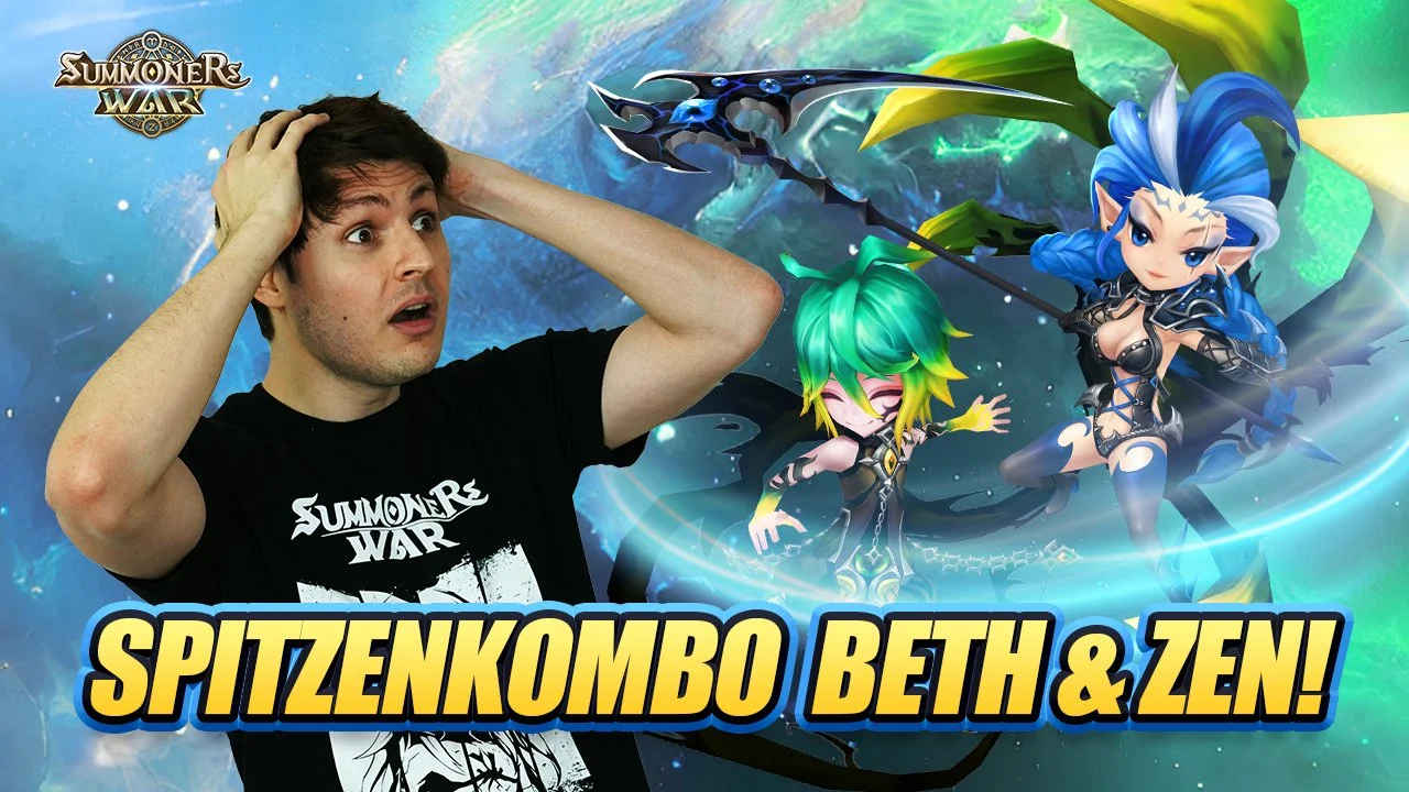 Man with black hair wearing a black Summoners War T-shirt, holding his head with a surprised expression, in front of a colorful fantasy background featuring two animated female characters with blue and green hair, costumes, and weapons, with the text