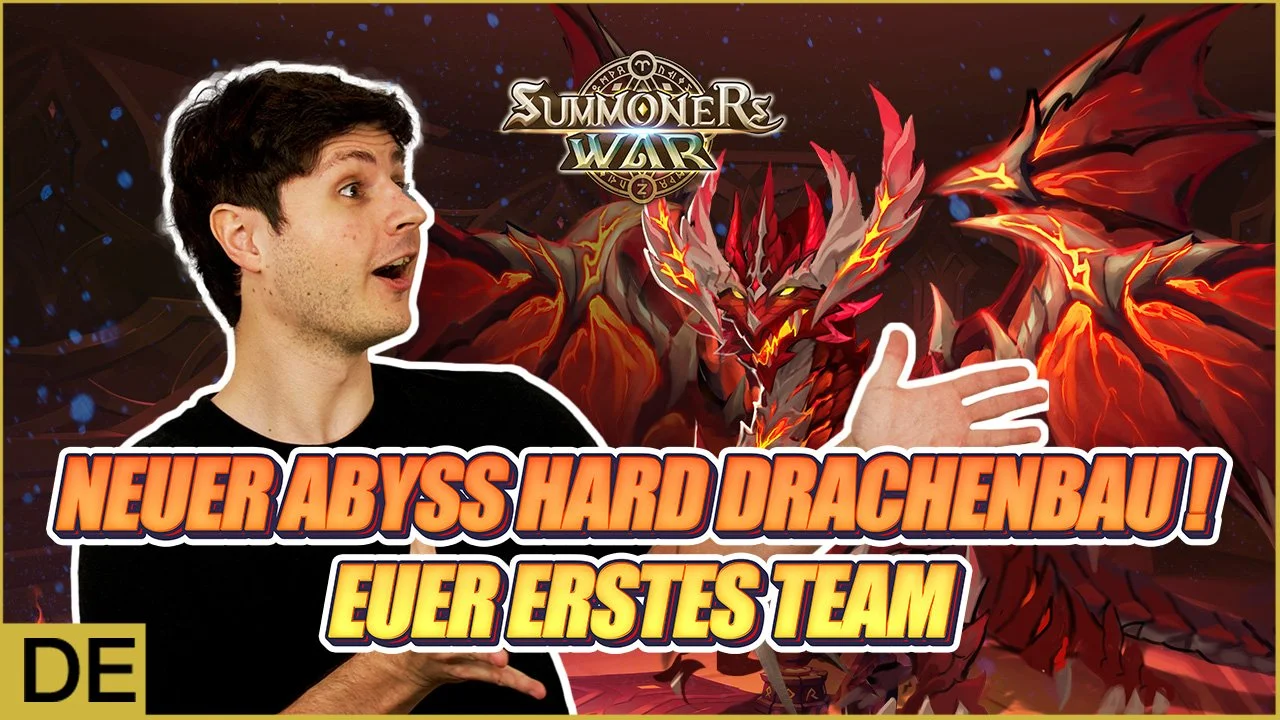 Thumbnail of a YouTube video about the game Summoner's War, featuring a man with dark hair gesturing towards a large red, black, and yellow dragon illustration. Text on the image reads "Neuer Abyss Hard Drachenbau! Euer erstes Team."