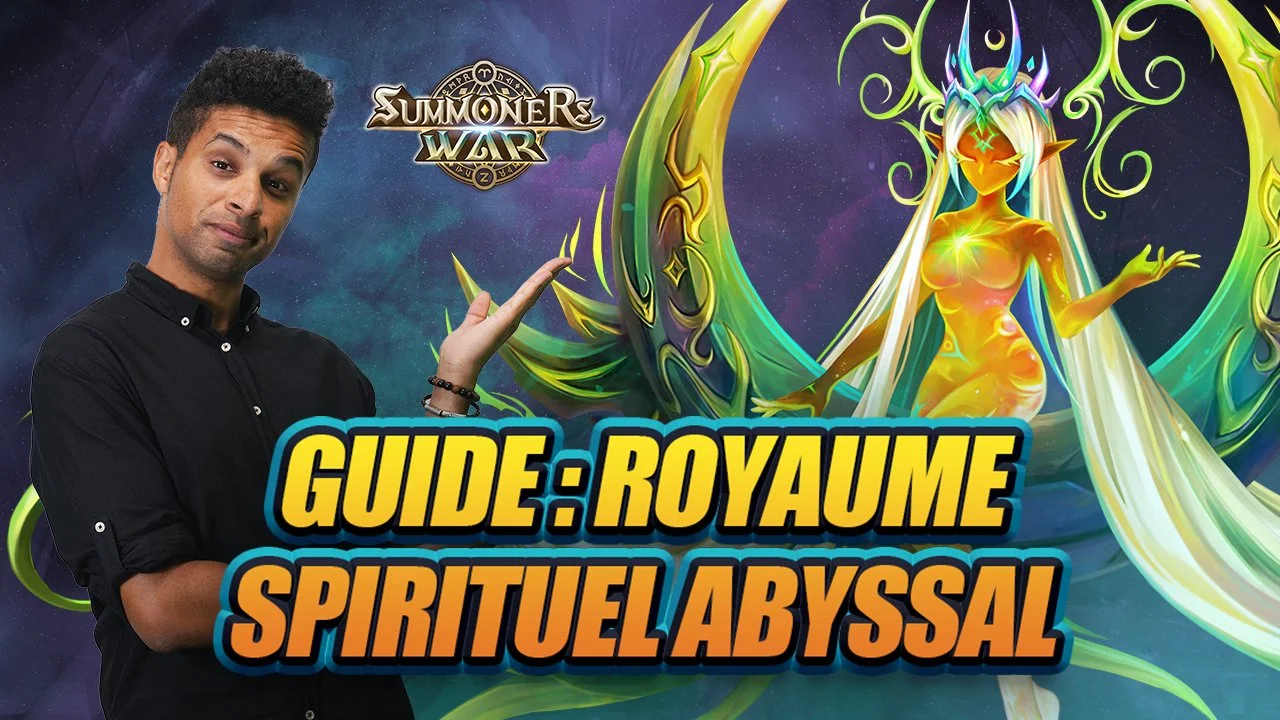 A man with black hair and a black shirt pointing at a colorful fantasy character with long glowing hair and elaborate wings, with the title 'Guide: Royaume Spirituel Abyssal' and the 'Summoners War' logo.