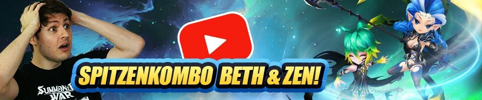 A man looks surprised with hands on his head next to a graphic banner featuring animated characters and the YouTube logo, with text that says 'SPITZENKOMBO BETH & ZEN!'