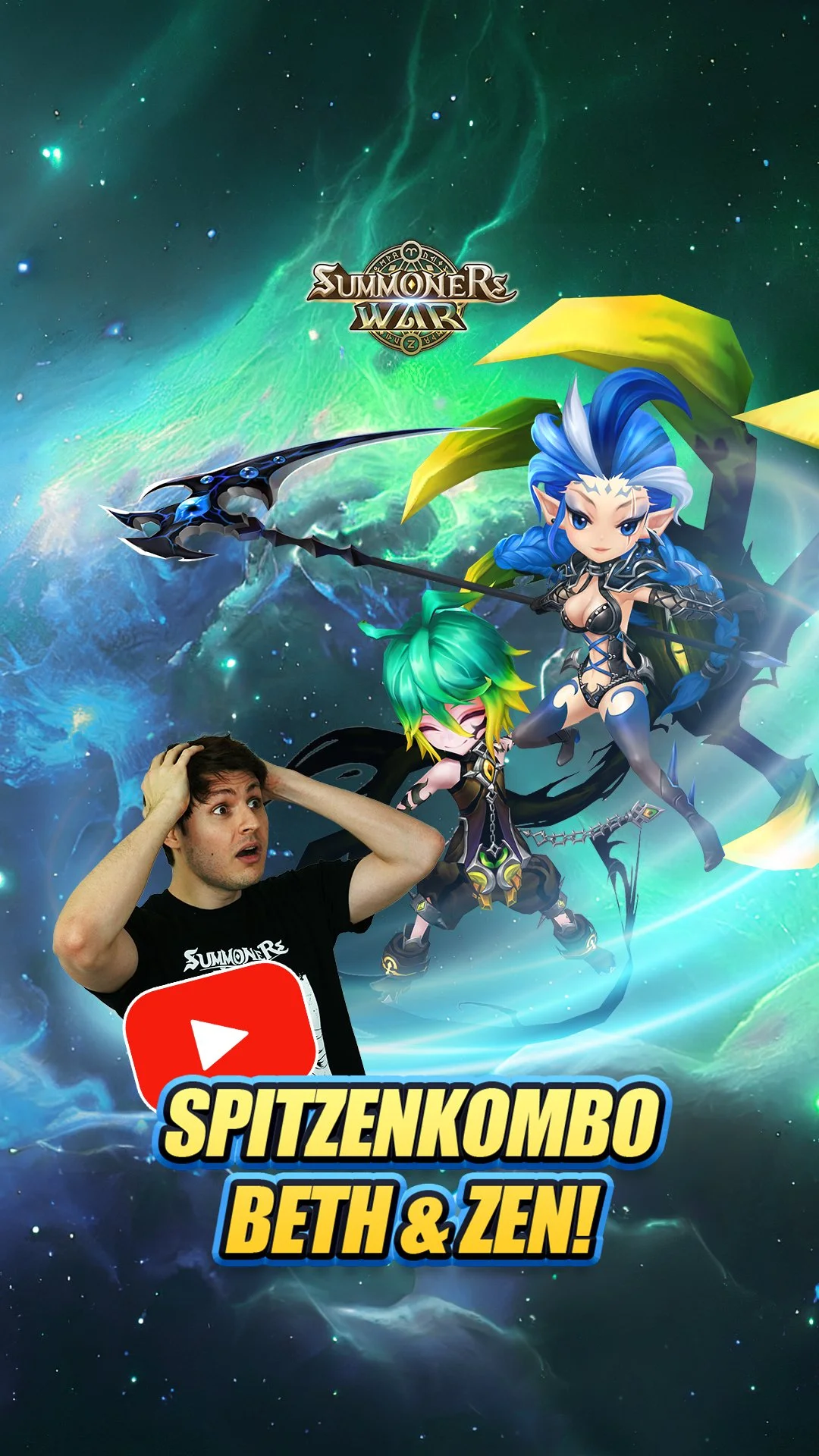 Promotional poster for the game 'Summoners War' featuring animated characters Beth and Zen, with a man reacting with shock and holding his head, and the YouTube logo at the bottom.