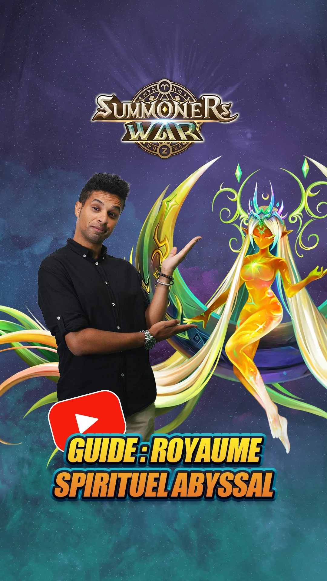 A person standing in front of a fantasy-themed poster for the game Summoner War, featuring a radiant, colorful fairy-like creature with long flowing hair and wings, with text in French that reads "Guide: Royaume Spirituel Abyssal."