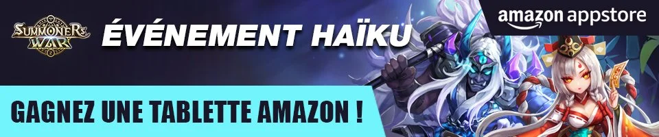 Banner advertising a Summoner's War event with a haiku and a chance to win an Amazon tablet.