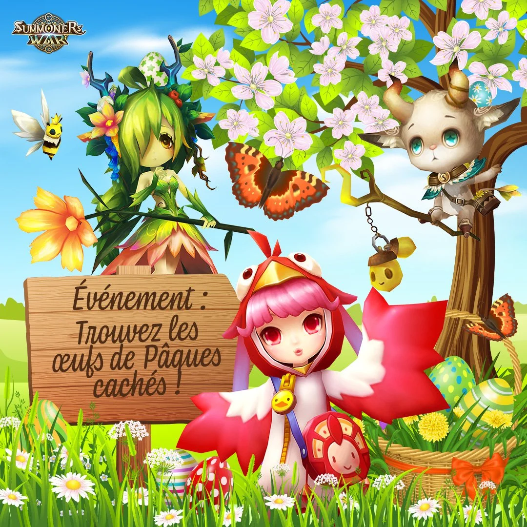Colorful Easter event scene featuring animated characters, a sign in French that reads 'Event: Find the hidden Easter eggs,' around decorated Easter eggs, flowers, a tree with blossoming pink flowers, and various butterflies and a bee.