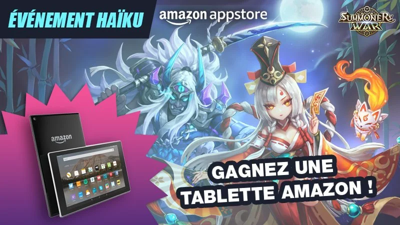 Promotional image for an Amazon event featuring a fantasy-themed game with anime-style characters, and a chance to win an Amazon tablet.