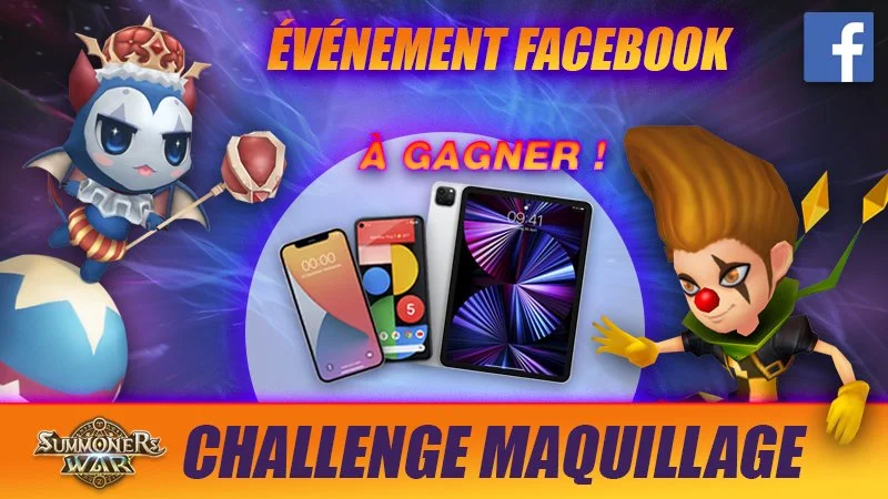 Promotion for a Facebook event with characters from Summoner's War, offering a chance to win smartphones and tablets through a makeup challenge.