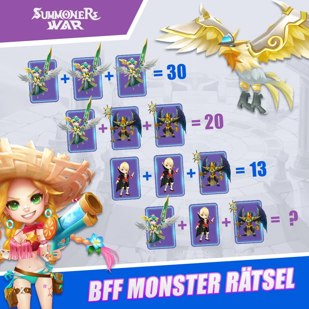 Puzzle chart featuring various fantasy characters with numbers, asking for the total sum.