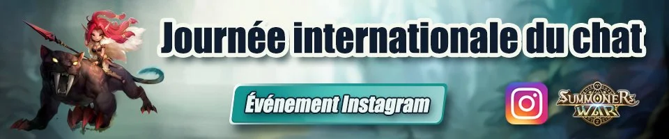 Banner celebrating International Cat Day with a fantasy-style illustration of a cat riding a black panther, featuring the logos for Instagram and Summoners War, and text in French promoting an event.